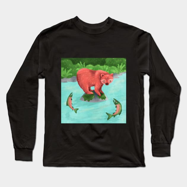 Bear fishing for salmon in the Great Bear Rainforest Long Sleeve T-Shirt by Mya Van Woudenberg